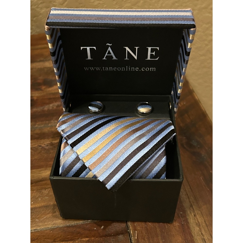 TANE Men's 100% Silk Tie and Cufflinks Set Striped Blue‎ Gold Brown Black 4"x60"